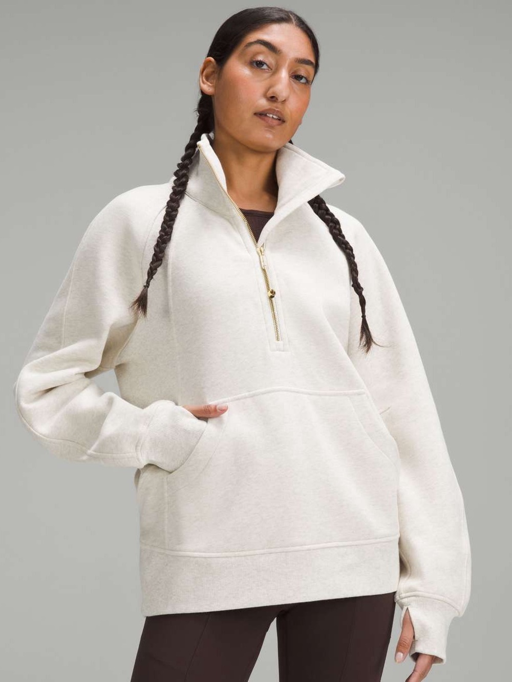 Lululemon Scuba oversized funnel half zip lt heather beige grey gold hardware